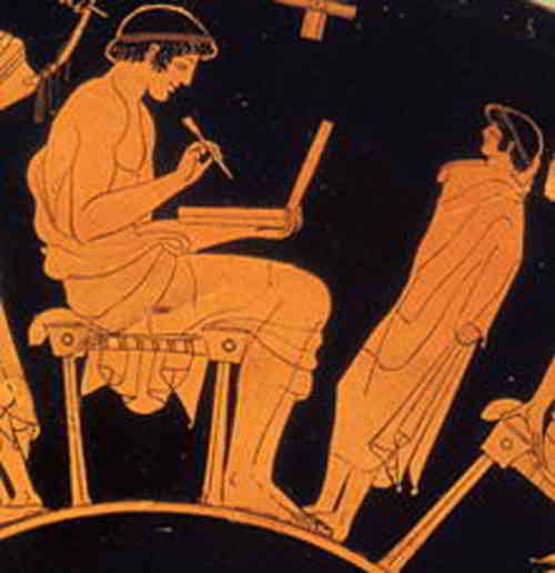 Une peinture de Douris d'un homme tenant une tablette de cire et d'un stylet