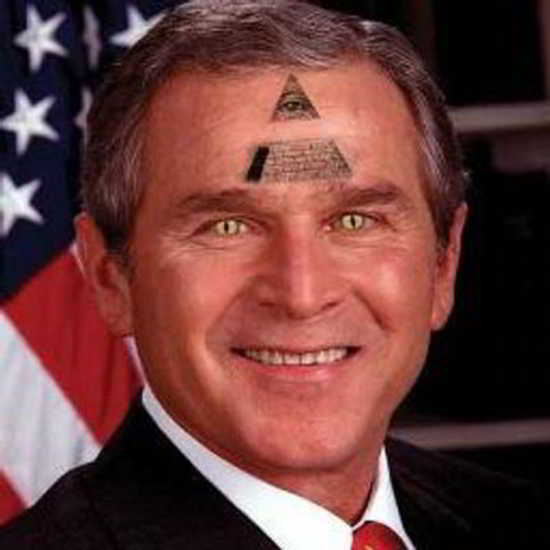 De nombreux conspirateurs voient George W. Bush (ici moqué comme un lézard) parmi les membres des Illuminati.