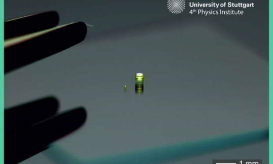 Image d'un système à lentilles multiples ayant un diamètre de 0.6 mm à côté d'un doublet de lentilles ayant un diamètre de 0,12mm. Crédit : Timo Gissibl
