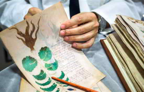 Une page du mystérieux manuscrit Voynich en passe d'être clonée pour être décodée. - CESAR MANSO/AFP