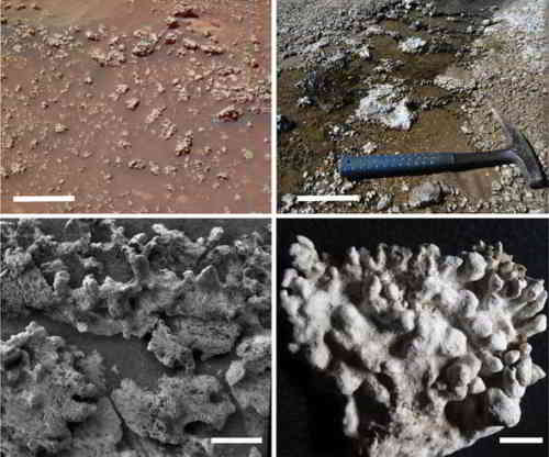 Preuve de vie ? Les dépôts de silice sur Mars, à gauche, sont remarquablement similaires sur Terre, à droite.