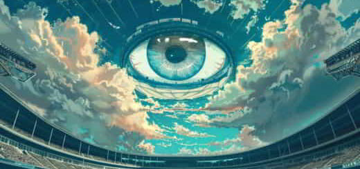 œil dans le ciel au-dessus d'un stade