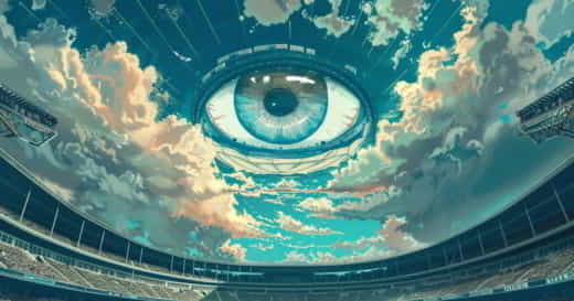 œil dans le ciel au-dessus d'un stade